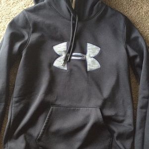 Black under armour hoodie. Purple and grey logo.
